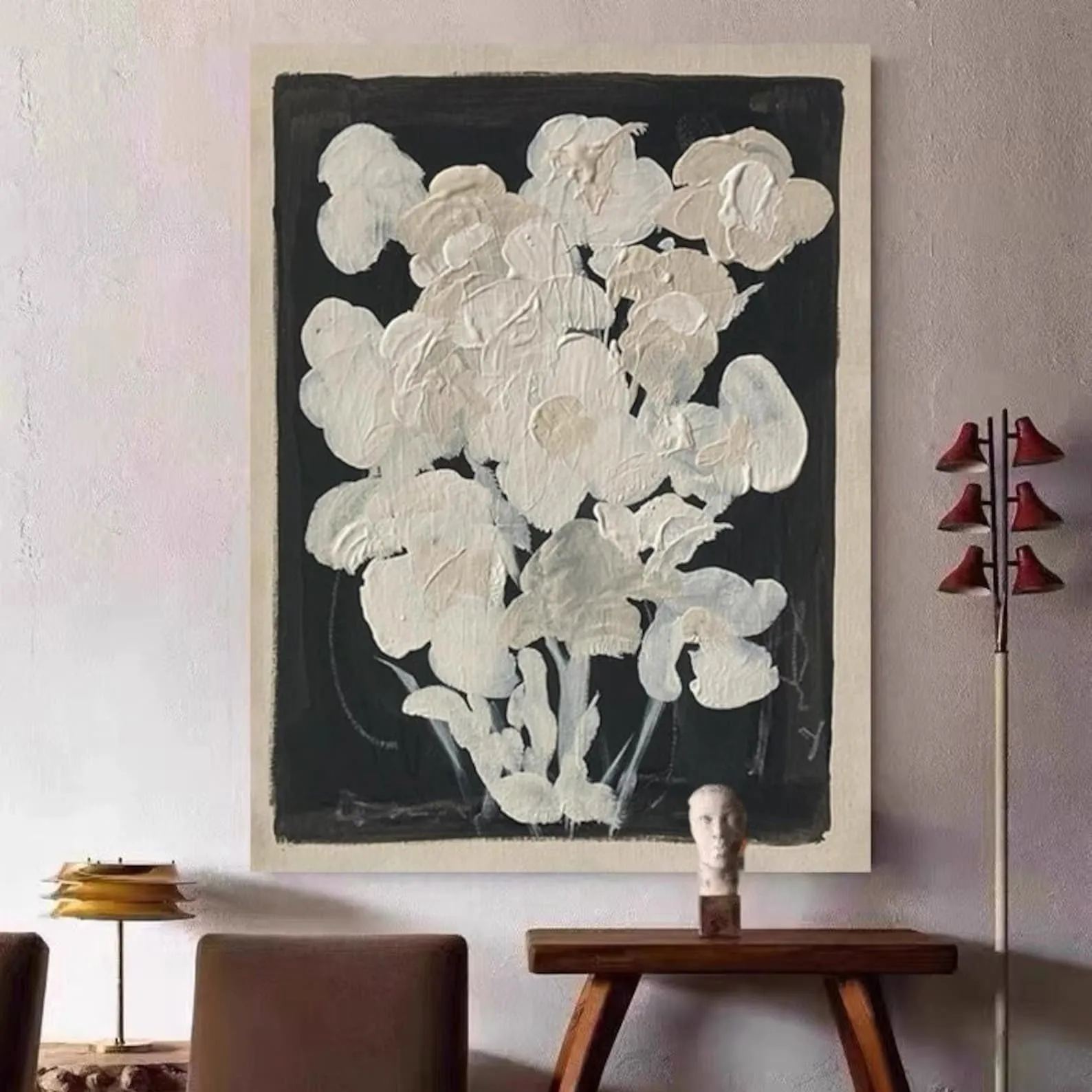 Vintage Mid-Century Floral Black and White Canvas Painting #FL012