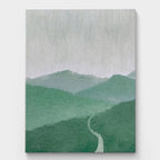 Green minimalist mountain landscape painting featuring a winding path and layered mountains, with soft green and grey tones, ideal for modern decor.