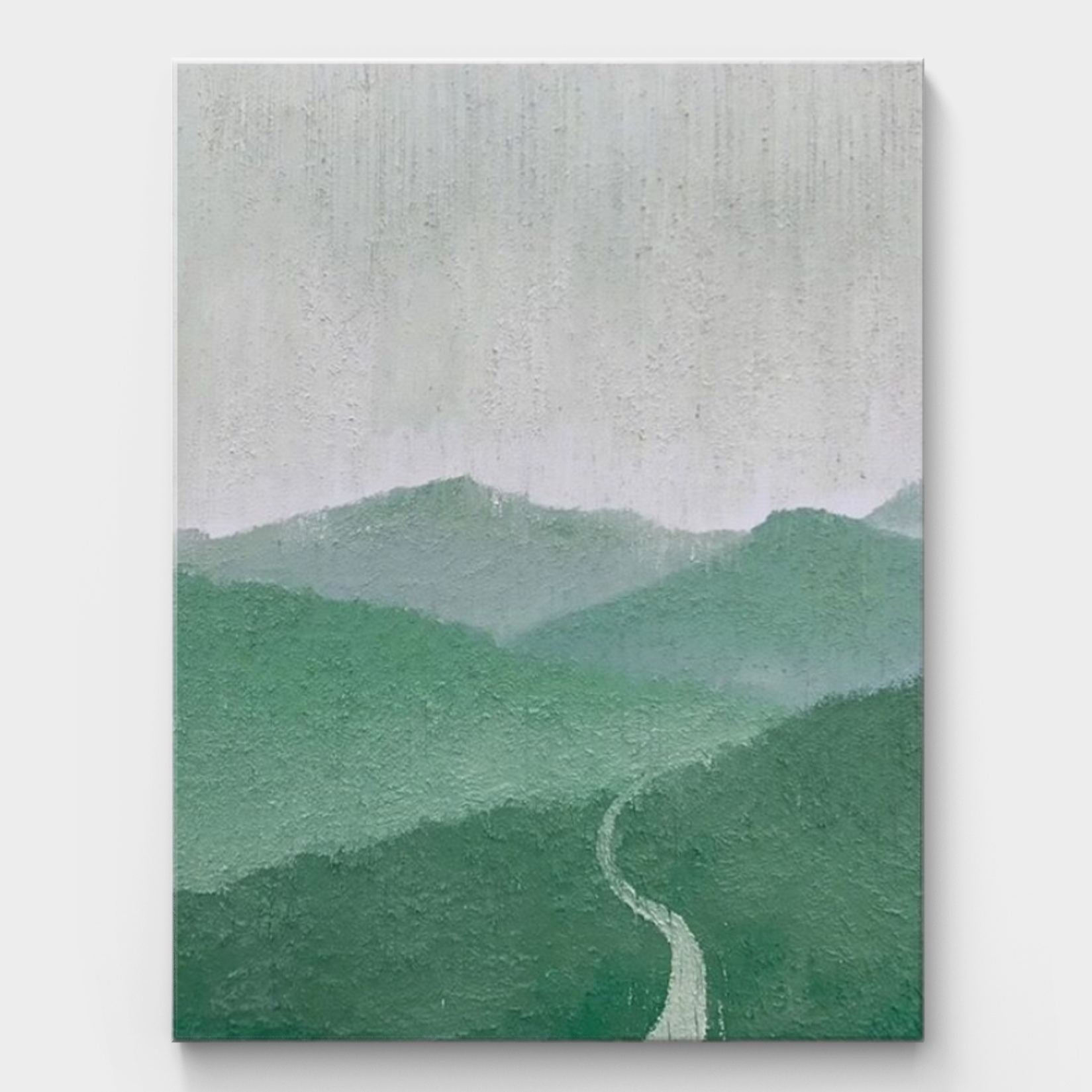 Green minimalist mountain landscape painting featuring a winding path and layered mountains, with soft green and grey tones, ideal for modern decor.