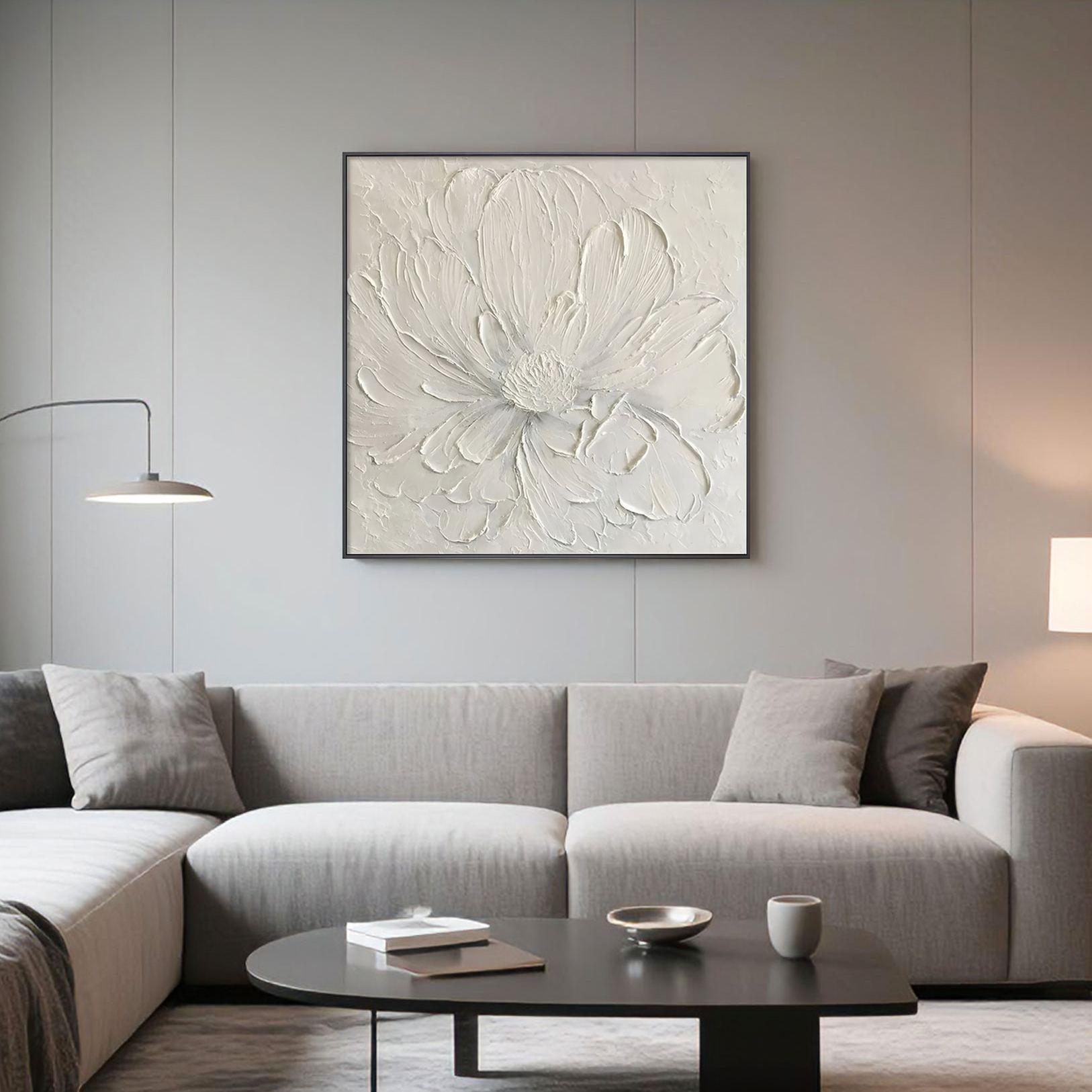 Hand-painted canvas with raised floral texture, crafted using eco-friendly acrylic paint and designed for modern, luxury living room walls.