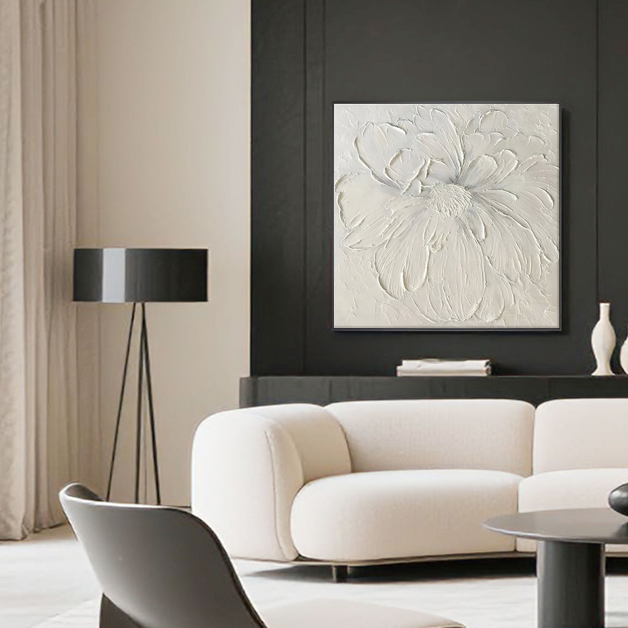 White 3D Textured Art floral painting with thick impasto technique, showcasing layered flower petals on premium canvas for minimalist interior decor.