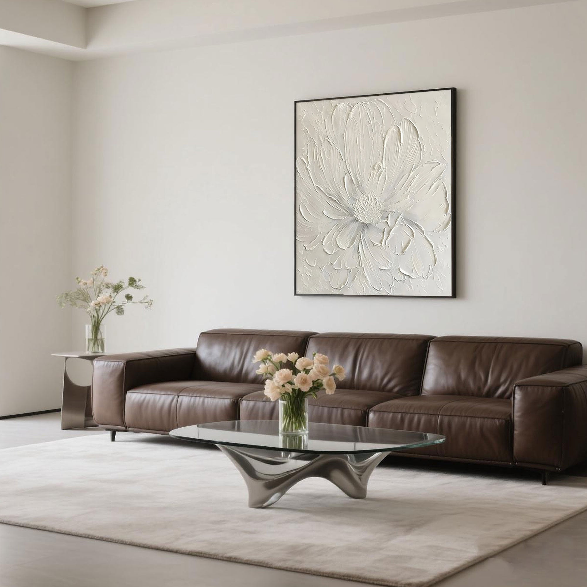 Close-up view of a 3D sculptural flower artwork in white tones, highlighting minimalist floral wall art aesthetics in gallery-quality framing.