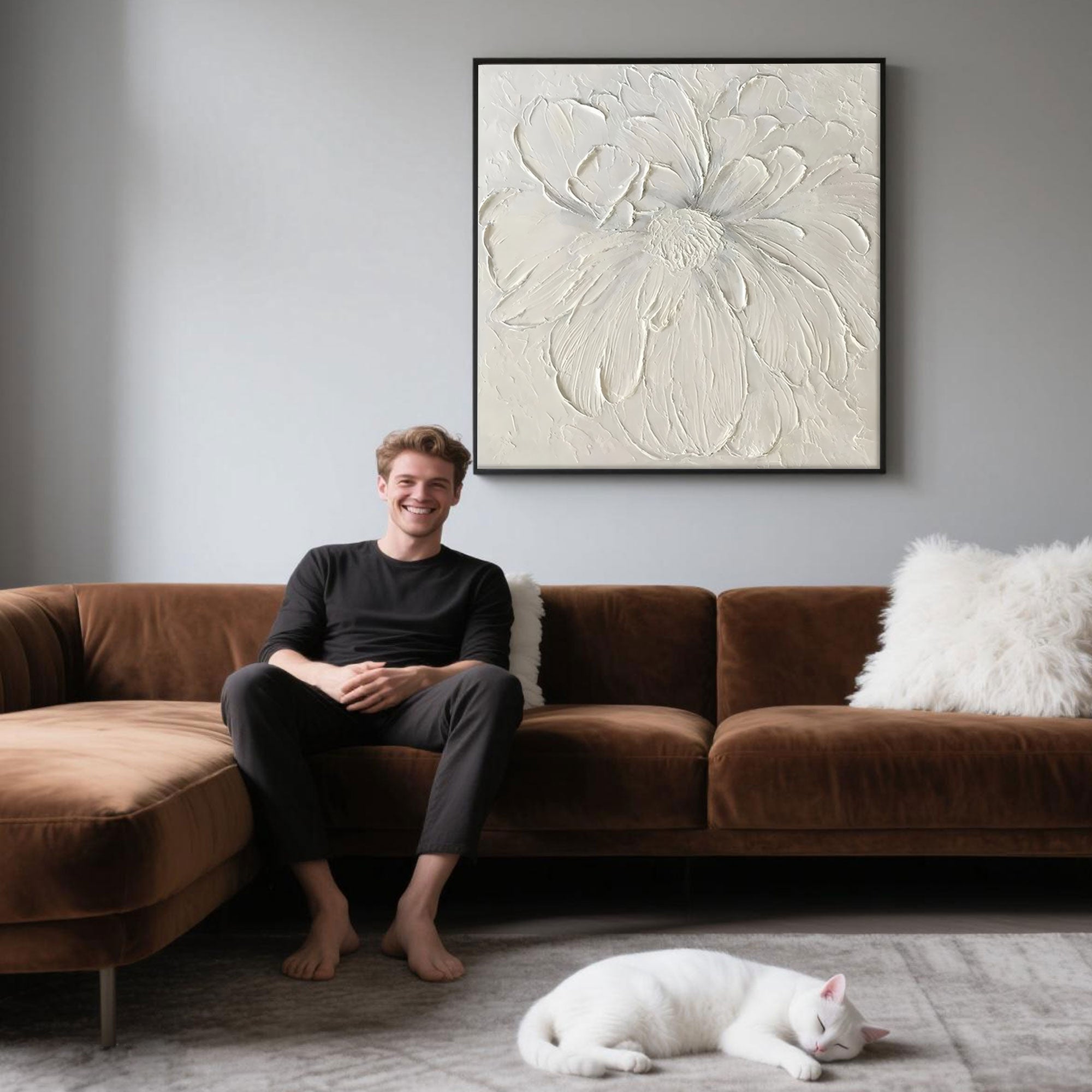 Elegant square wall art in monochromatic white with hand-painted floral composition, perfect for minimalist and wabi sabi home environments.