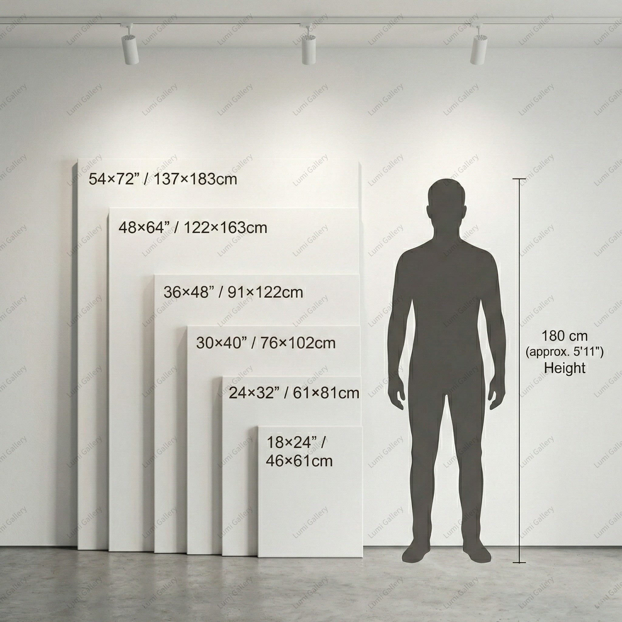 Lumi Gallery size chart showing large hand-painted canvas art from 18x24” to 54x72” beside a 180cm person for scale