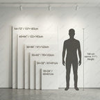 Lumi Gallery size chart showing large hand-painted canvas art from 18x24” to 54x72” beside a 180cm person for scale