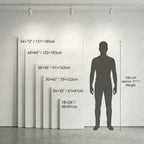 Lumi Gallery size chart showing large hand-painted canvas art from 18x24” to 54x72” beside a 180cm person for scale