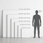 Lumi Gallery square canvas size guide comparing square wall art sizes from 24 x 24 to 72 x 72 inches beside a 180 cm person.