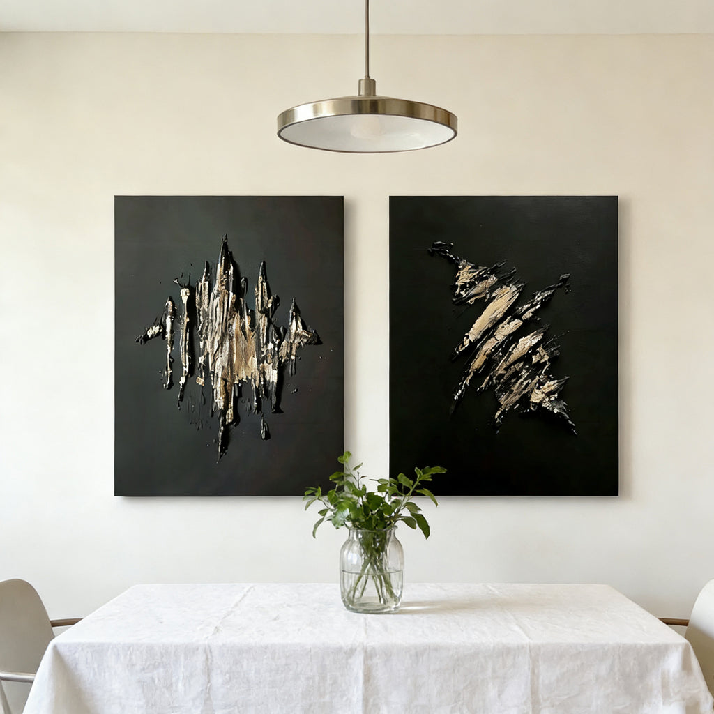 3D textured black & gold abstract canvas art set for modern dining areas by Lumi Gallery