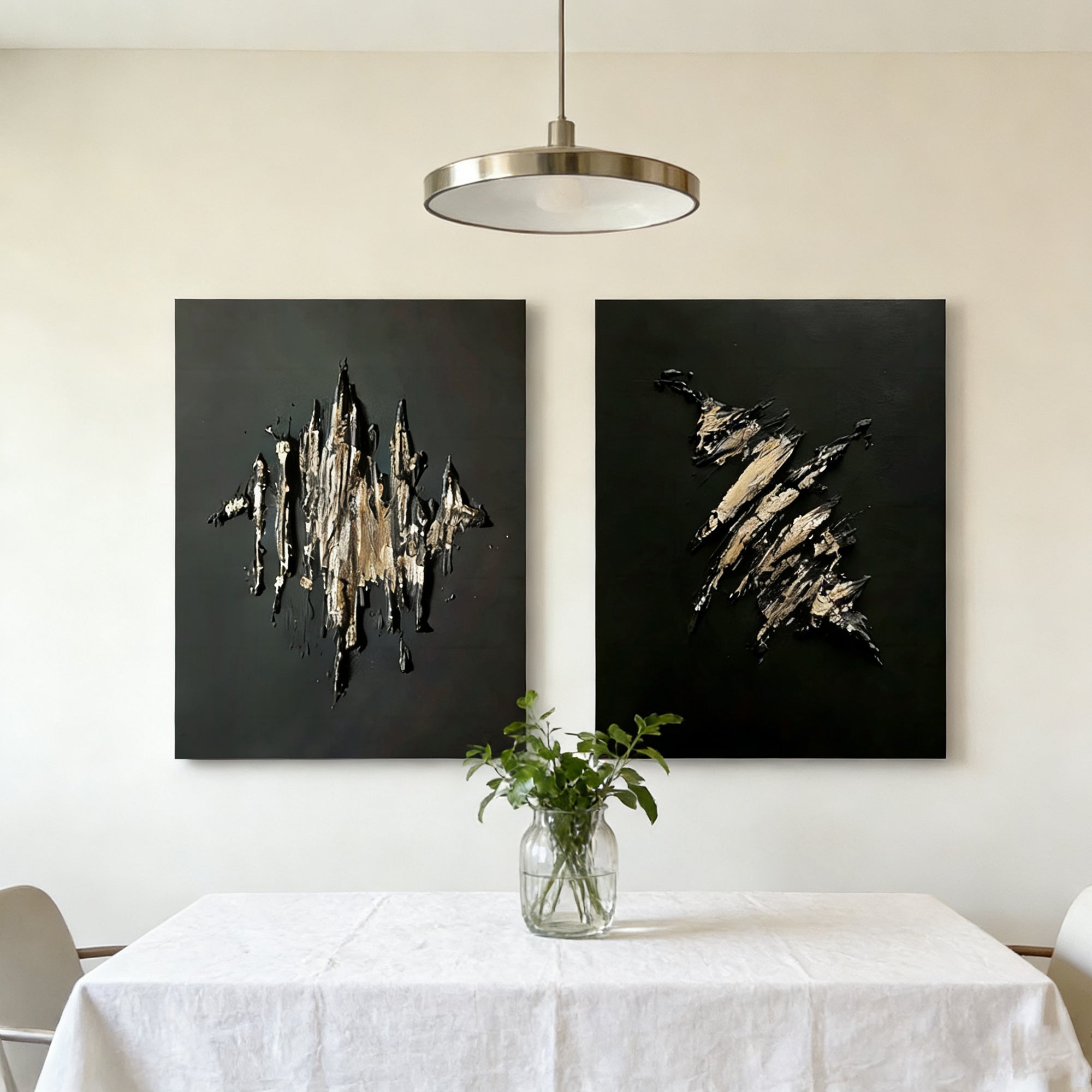 3D textured black & gold abstract canvas art set for modern dining areas by Lumi Gallery