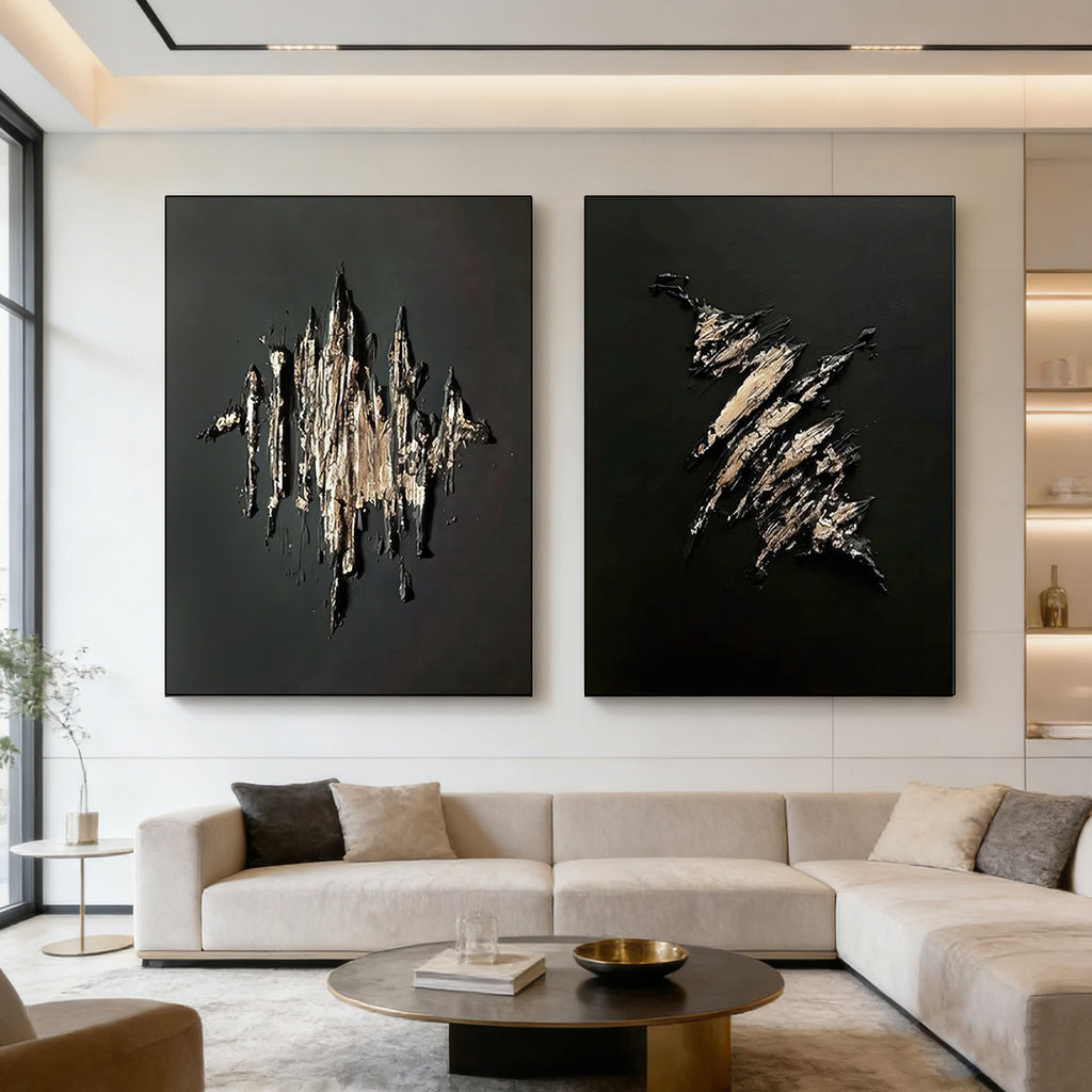 Lumi Gallery black gold 3D abstract wall art in contemporary living room