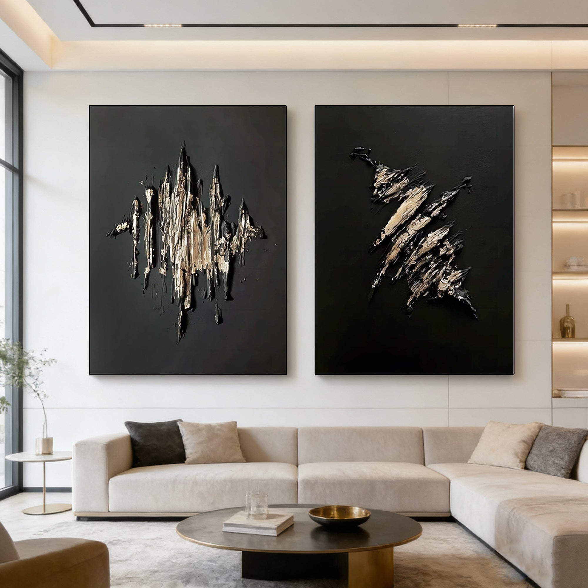 Lumi Gallery black gold 3D abstract wall art in contemporary living room