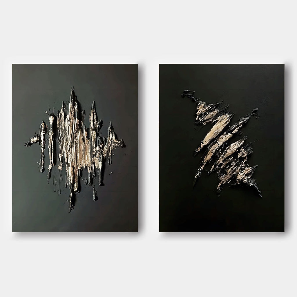Lumi Gallery's 3D textured black and gold abstract canvas wall art Fracture & Flame set