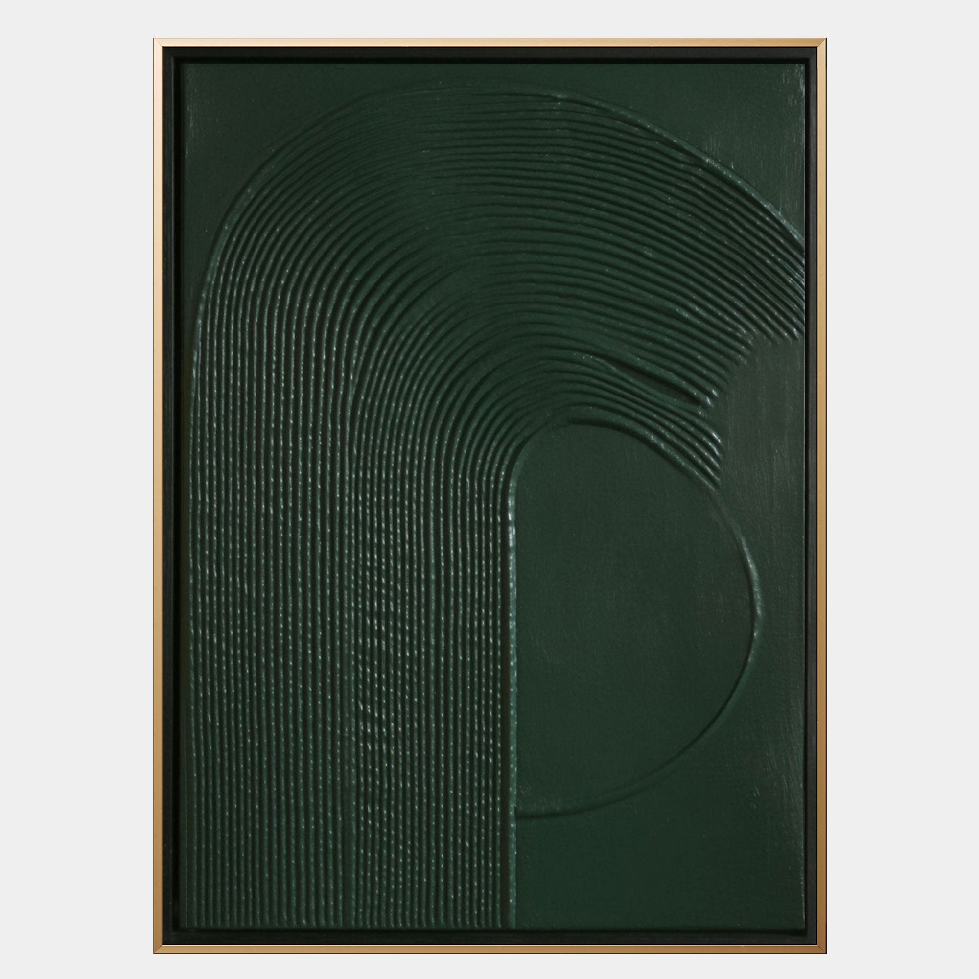 Hand-painted minimalist abstract wall art titled Green Haven, featuring 3D textured acrylic lines in deep green on a vertical museum-grade canvas, showcasing sculptural surface depth and smooth modern contours.