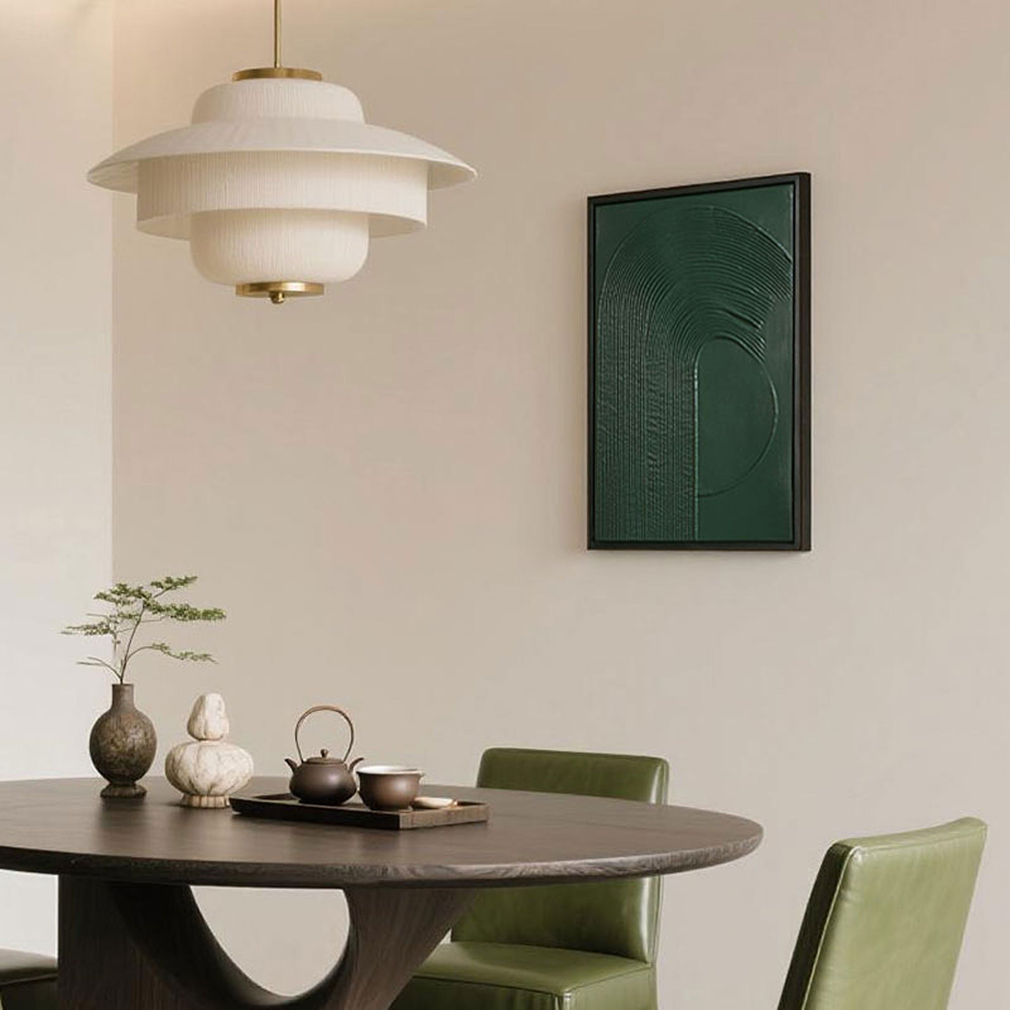 Contemporary Wabi-Sabi canvas art with curved textured brushwork in deep green, hand-painted on a vertical format, enhancing a clean, modern space with natural tones and Japandi-style furniture.