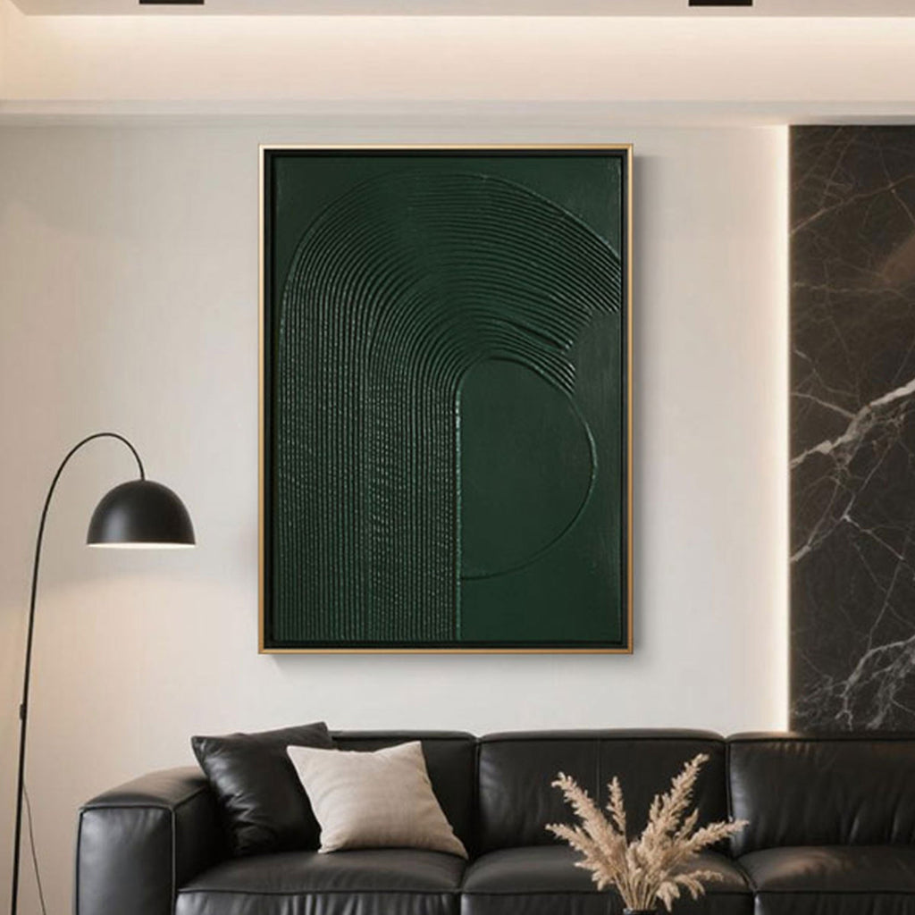 Abstract green wall art featuring dimensional acrylic textures and smooth transitions of earthy tones, placed in a clean-lined modern interior with Scandinavian accents and soft natural lighting.