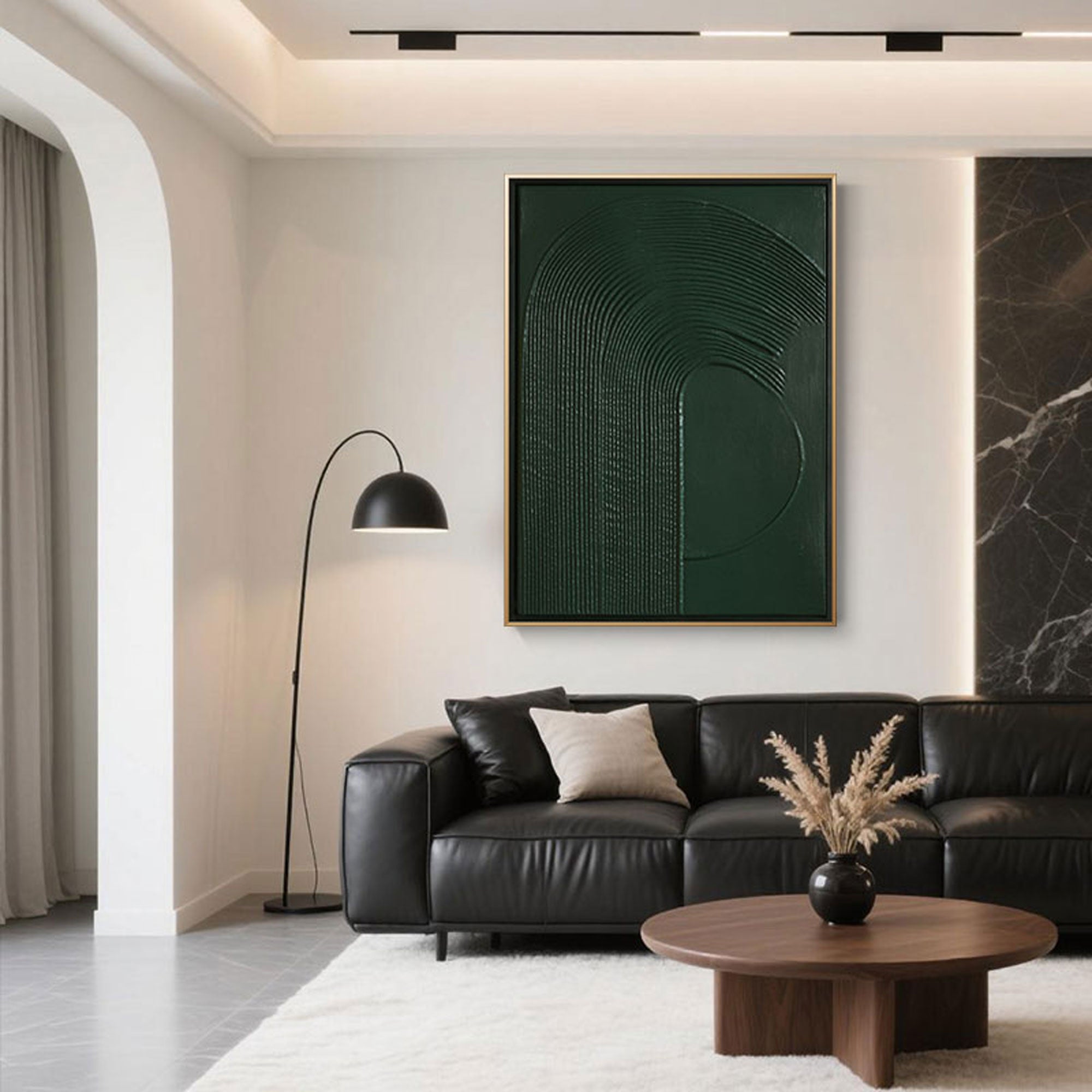 Abstract green wall art featuring dimensional acrylic textures and smooth transitions of earthy tones, placed in a clean-lined modern interior with Scandinavian accents and soft natural lighting.