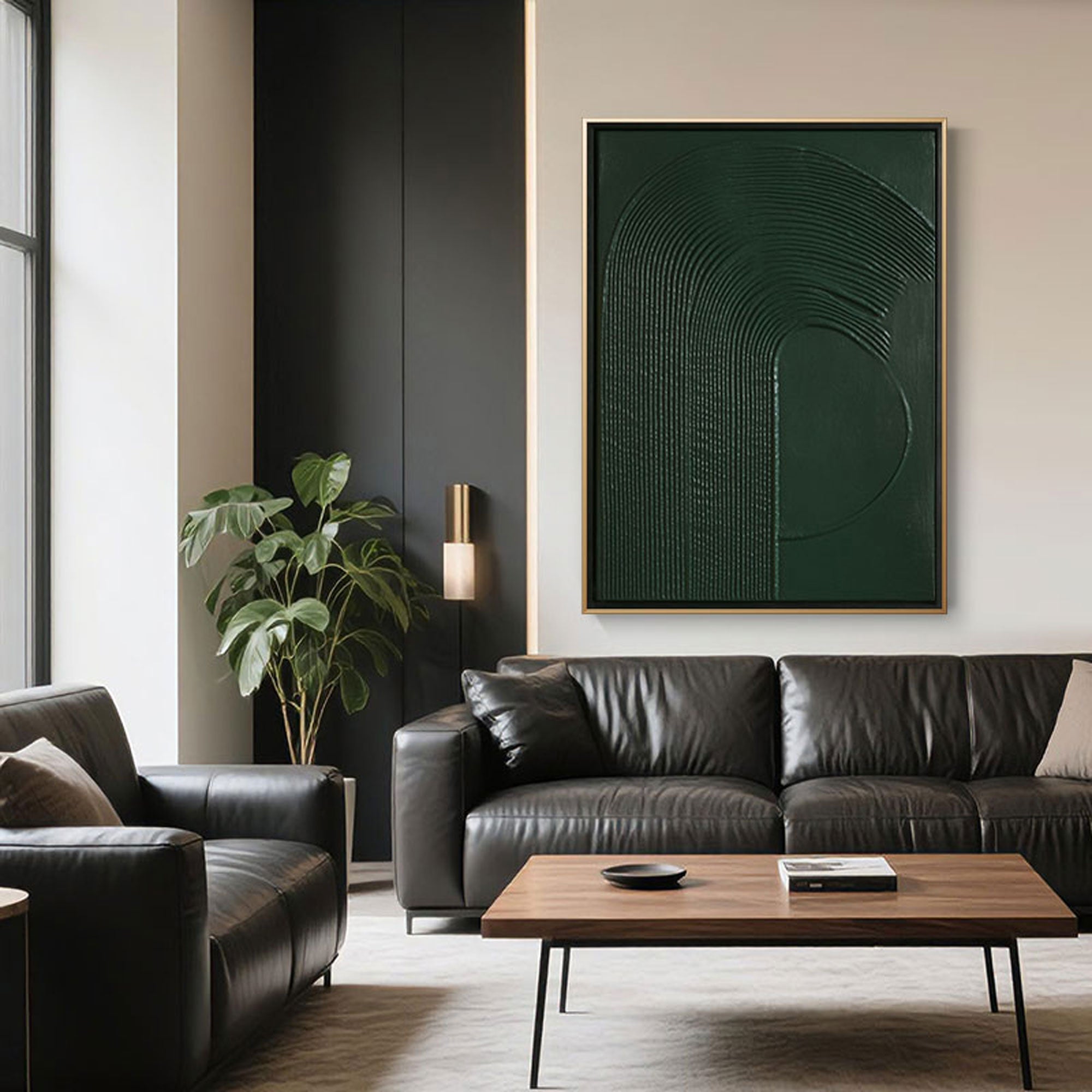 A vertical hand-painted canvas in deep green with sculptural textured lines, combining minimalist and organic forms, hung above a neutral-toned couch in a peaceful, curated contemporary space.