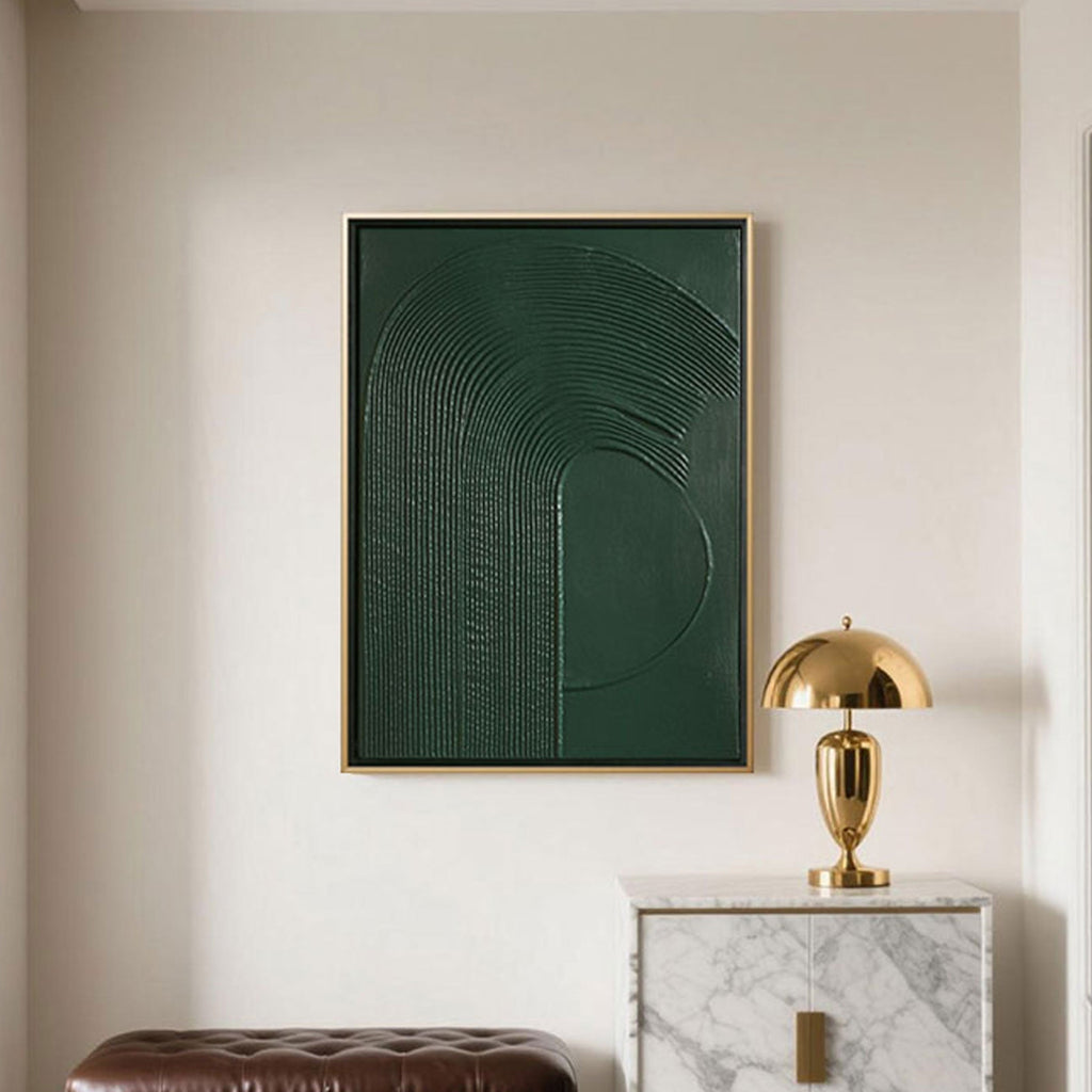 Minimalist green abstract painting with 3D textured acrylic strokes on a vertical canvas, hand-painted on museum-grade linen, displayed in a modern living room with neutral decor and soft ambient lighting.