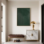 Minimalist green abstract painting with 3D textured acrylic strokes on a vertical canvas, hand-painted on museum-grade linen, displayed in a modern living room with neutral decor and soft ambient lighting.