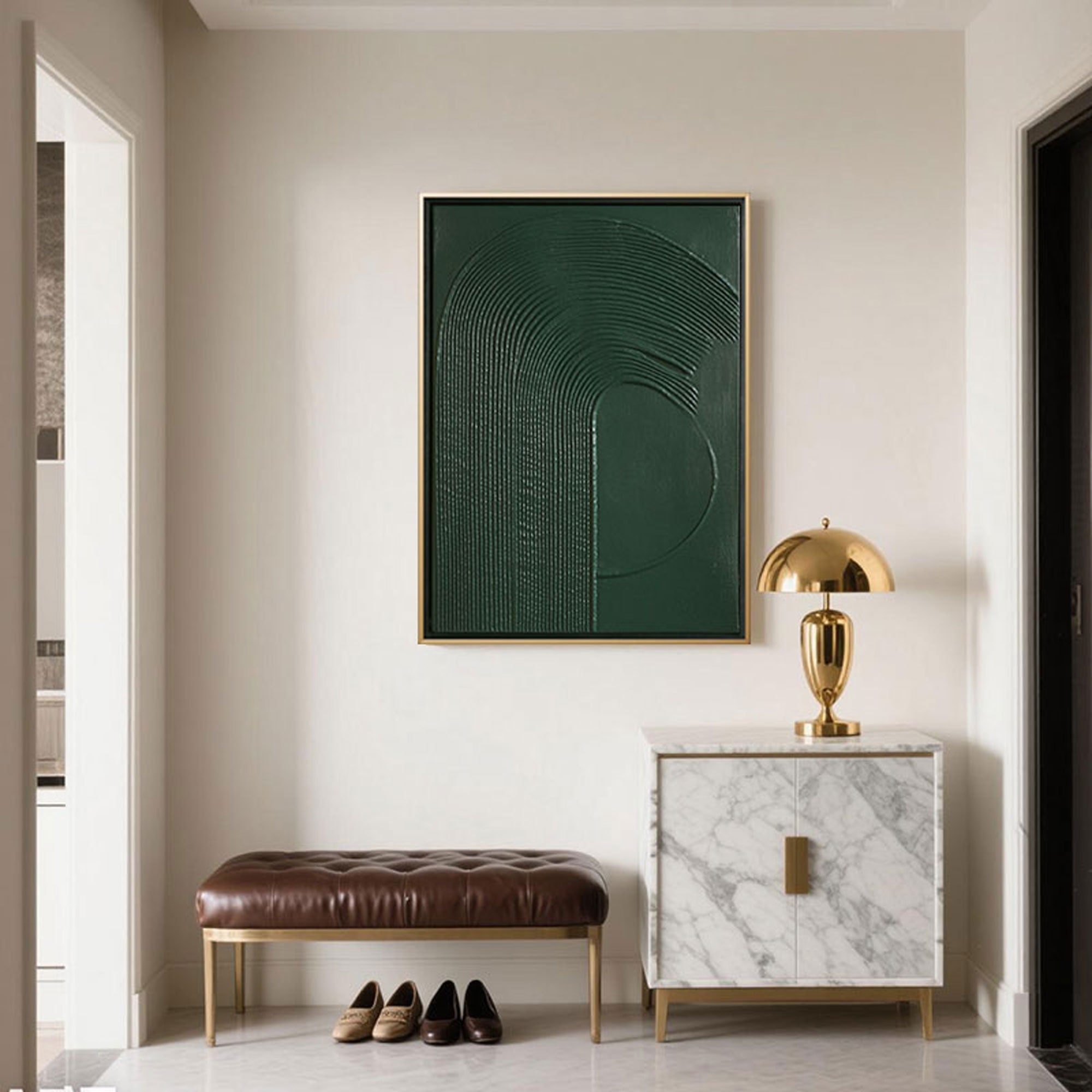 Minimalist green abstract painting with 3D textured acrylic strokes on a vertical canvas, hand-painted on museum-grade linen, displayed in a modern living room with neutral decor and soft ambient lighting.