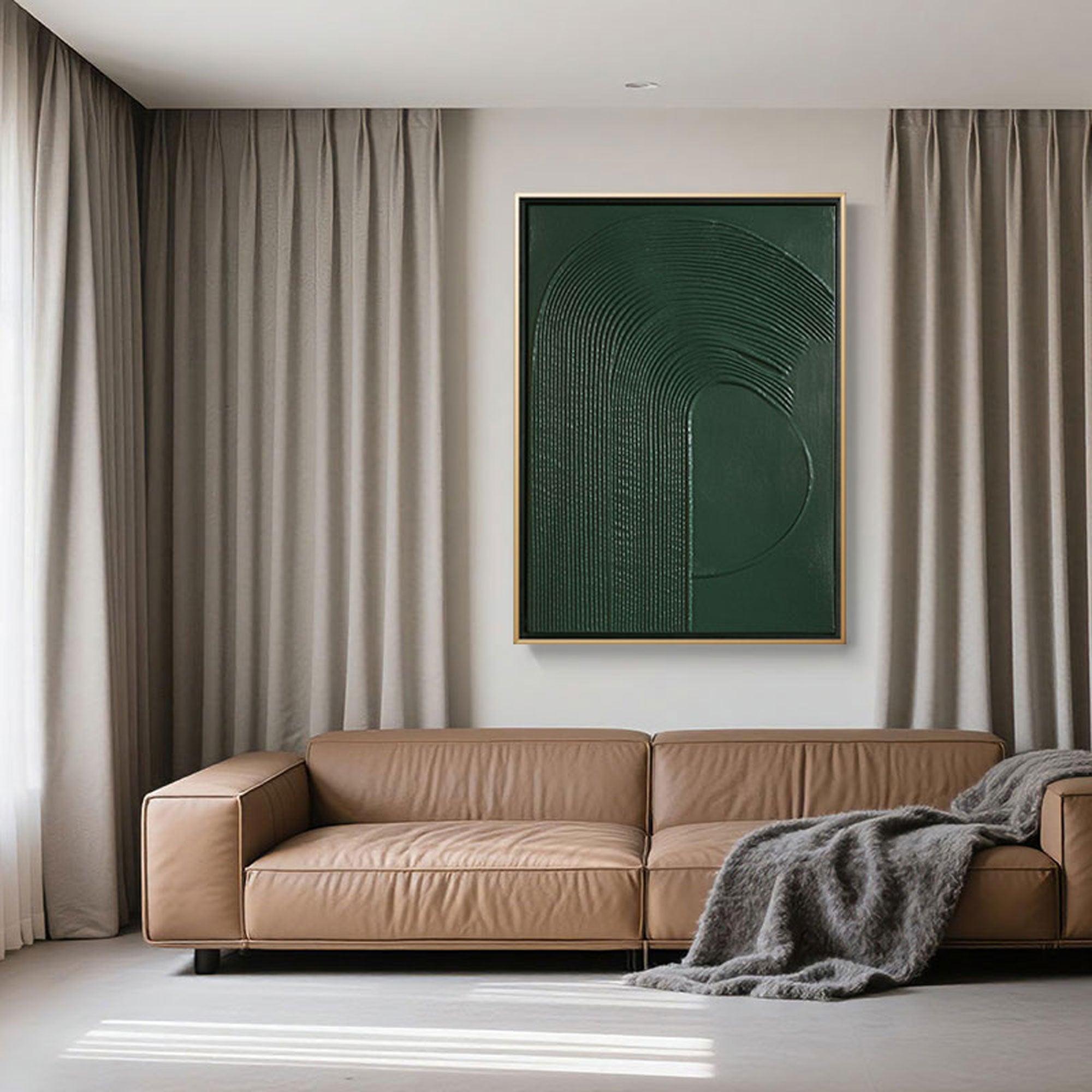 Hand-painted minimalist green textured wall art on a vertical museum-quality canvas, featuring deep forest hues and layered brushstrokes, perfectly integrated into a modern hallway or office space.