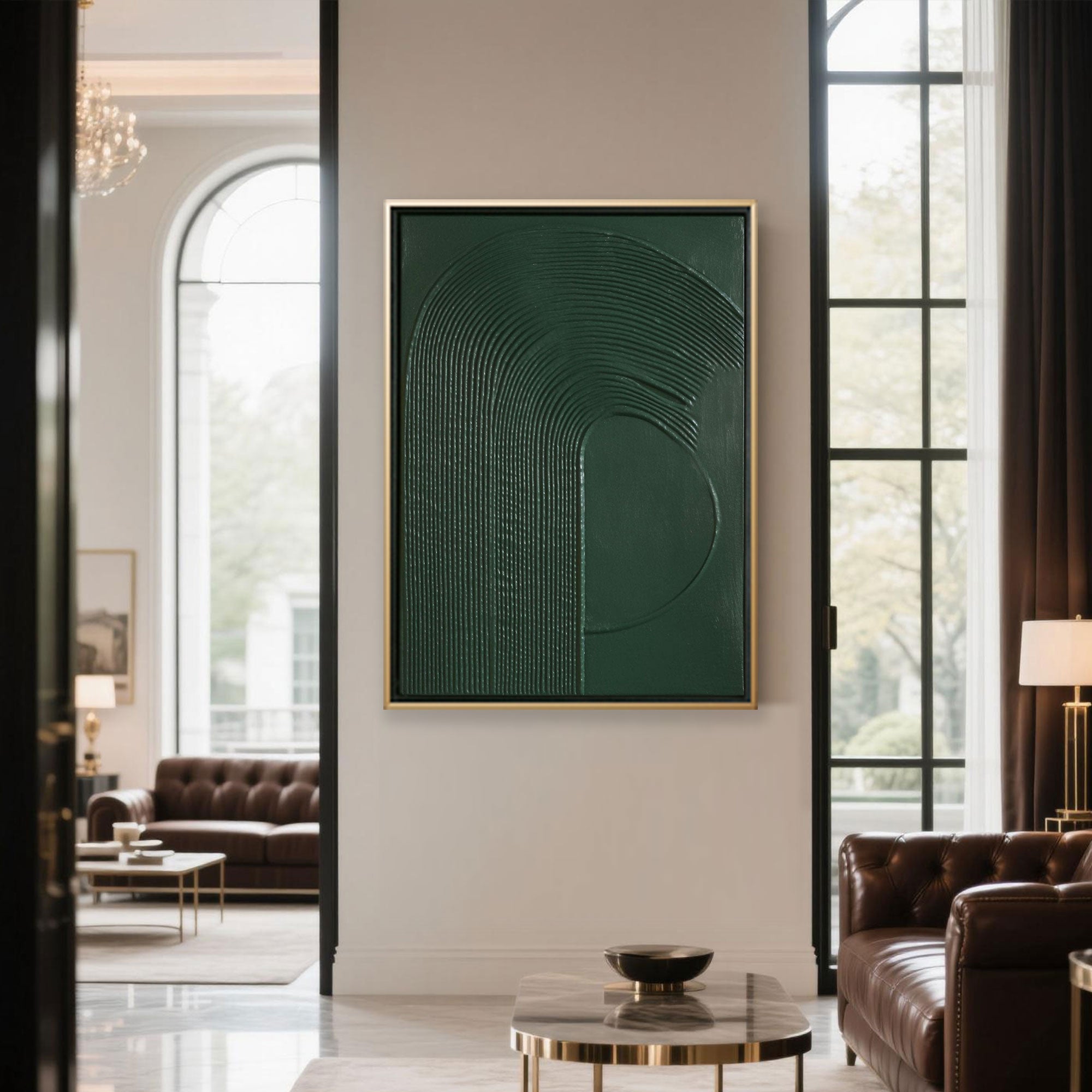 Green Haven artwork with 3D impasto-style acrylic details on a vertical stretched canvas, reflecting Wabi-Sabi and minimalist design aesthetics in a modern reading nook or creative studio corner.