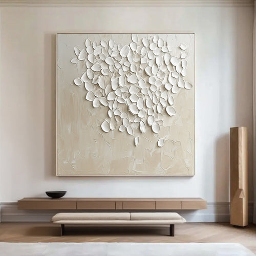 3D textured floral canvas art 'Silent Petals', neutral tones, modern living room decor by Lumi Gallery