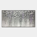 3D textured silver floral modern wall art, Pewter Bloomfall, cascading pewter and silver petals on metallic canvas.