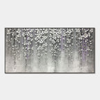 3D textured silver floral modern wall art, Pewter Bloomfall, cascading pewter and silver petals on metallic canvas.