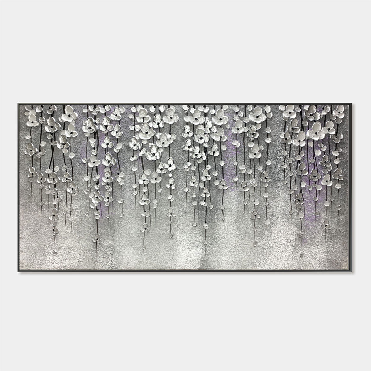 3D textured silver floral modern wall art, Pewter Bloomfall, cascading pewter and silver petals on metallic canvas.