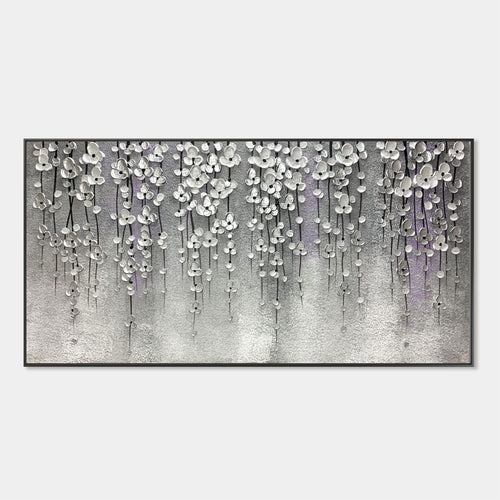 3D textured silver floral modern wall art, Pewter Bloomfall, cascading pewter and silver petals on metallic canvas.