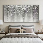 Lumi Gallery's 3D textured silver floral modern wall art 'Pewter Bloomfall' in bedroom