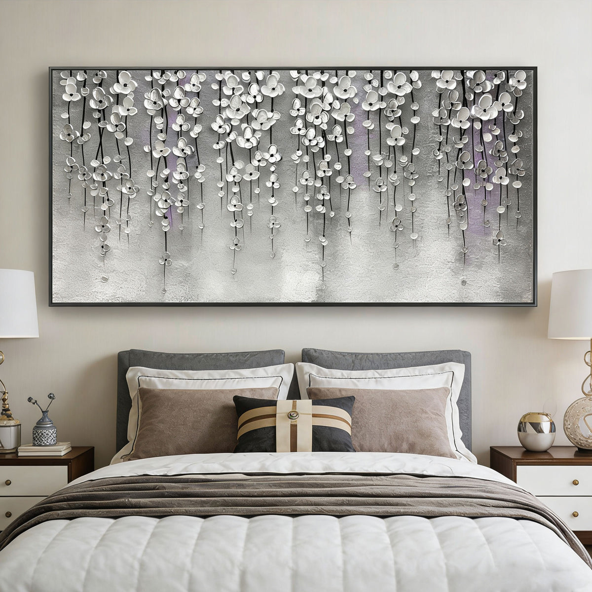 Lumi Gallery's 3D textured silver floral modern wall art 'Pewter Bloomfall' in bedroom