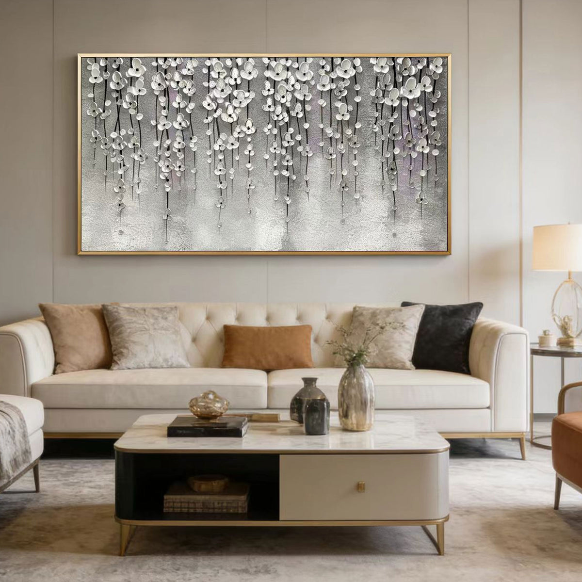 3D Textured Silver Floral Modern Wall Art Pewter Bloomfall by Lumi Gallery in contemporary living room