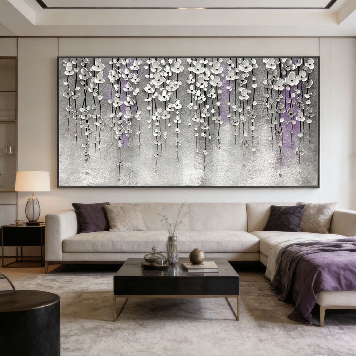 3D textured silver floral modern wall art pewter bloomfall living room
