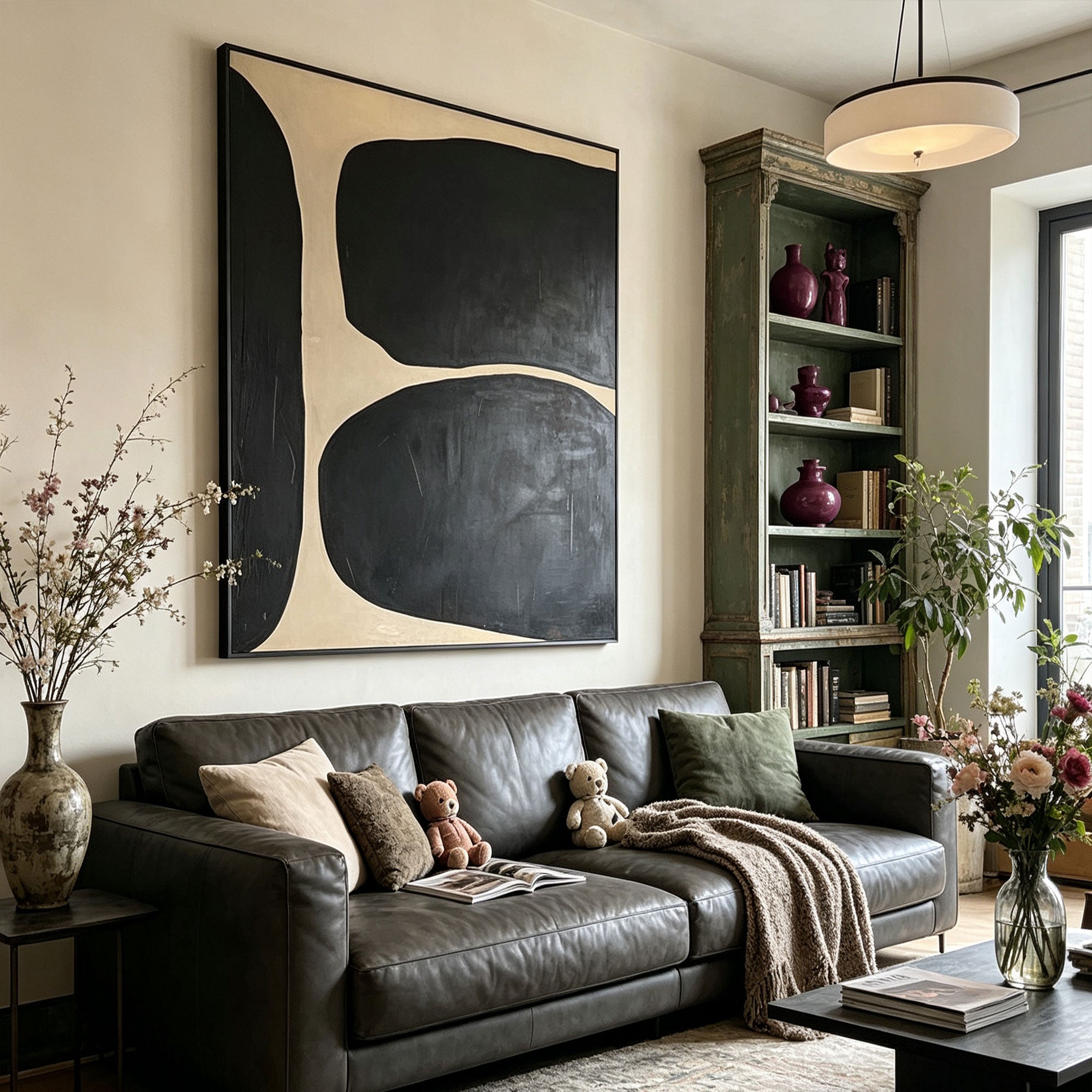 Wabi Sabi Geometric Black Large Vertical Wall Art for Japandi