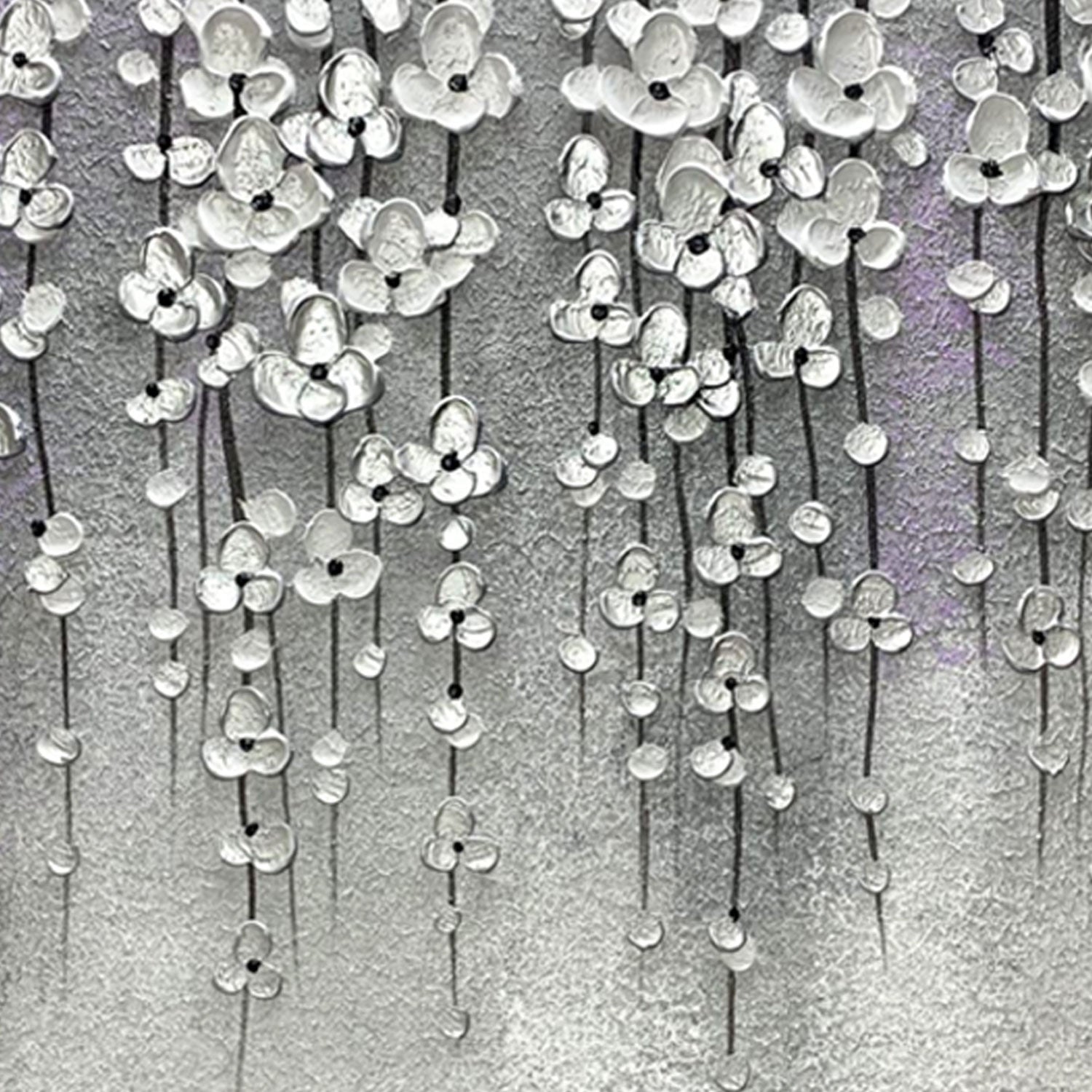 Lumi Gallery's 3D textured silver floral modern wall art, pewter bloomfall canvas
