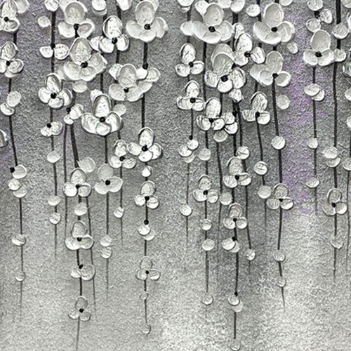 Lumi Gallery's 3D textured silver floral modern wall art, pewter bloomfall canvas