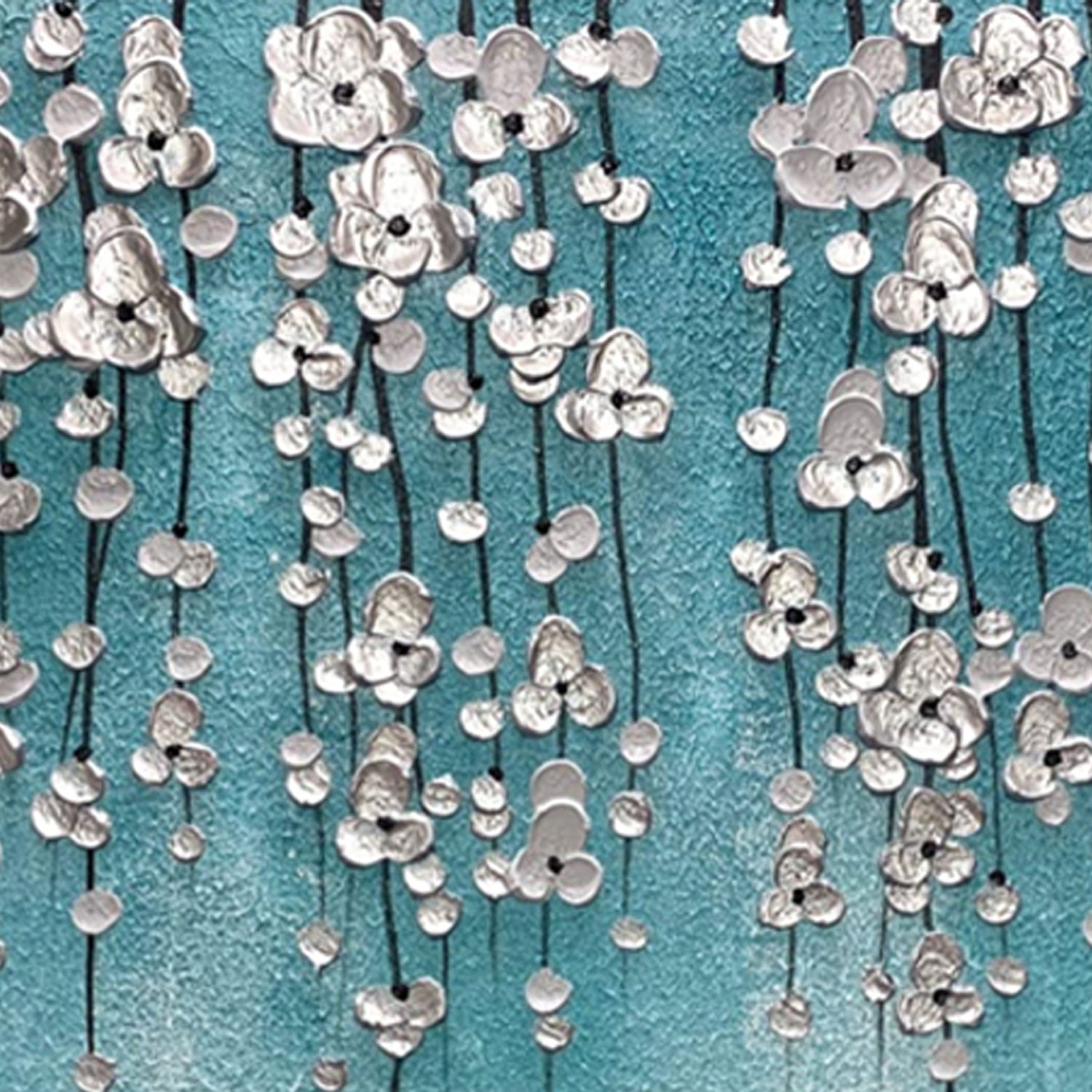 3D Textured Silver Floral Teal Wall Art - Tidal Bloomfall