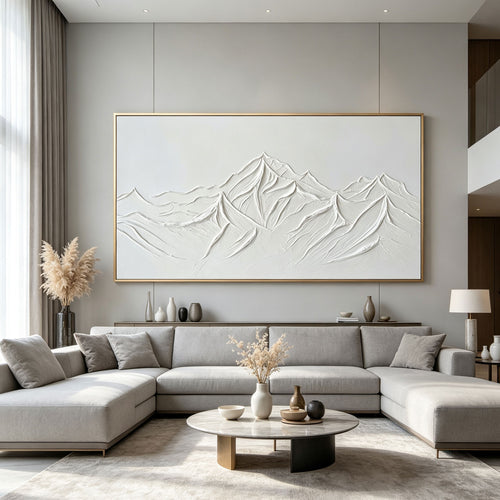 Lumi Gallery 3D textured minimalist snow mountain wall art in modern living room