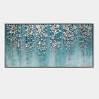 3D Textured Silver Floral Teal Wall Art - Tidal Bloomfall