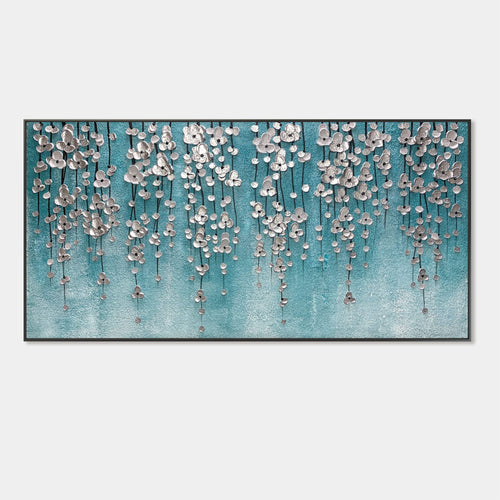 3D textured silver floral teal wall art 'Tidal Bloomfall' by Lumi Gallery
