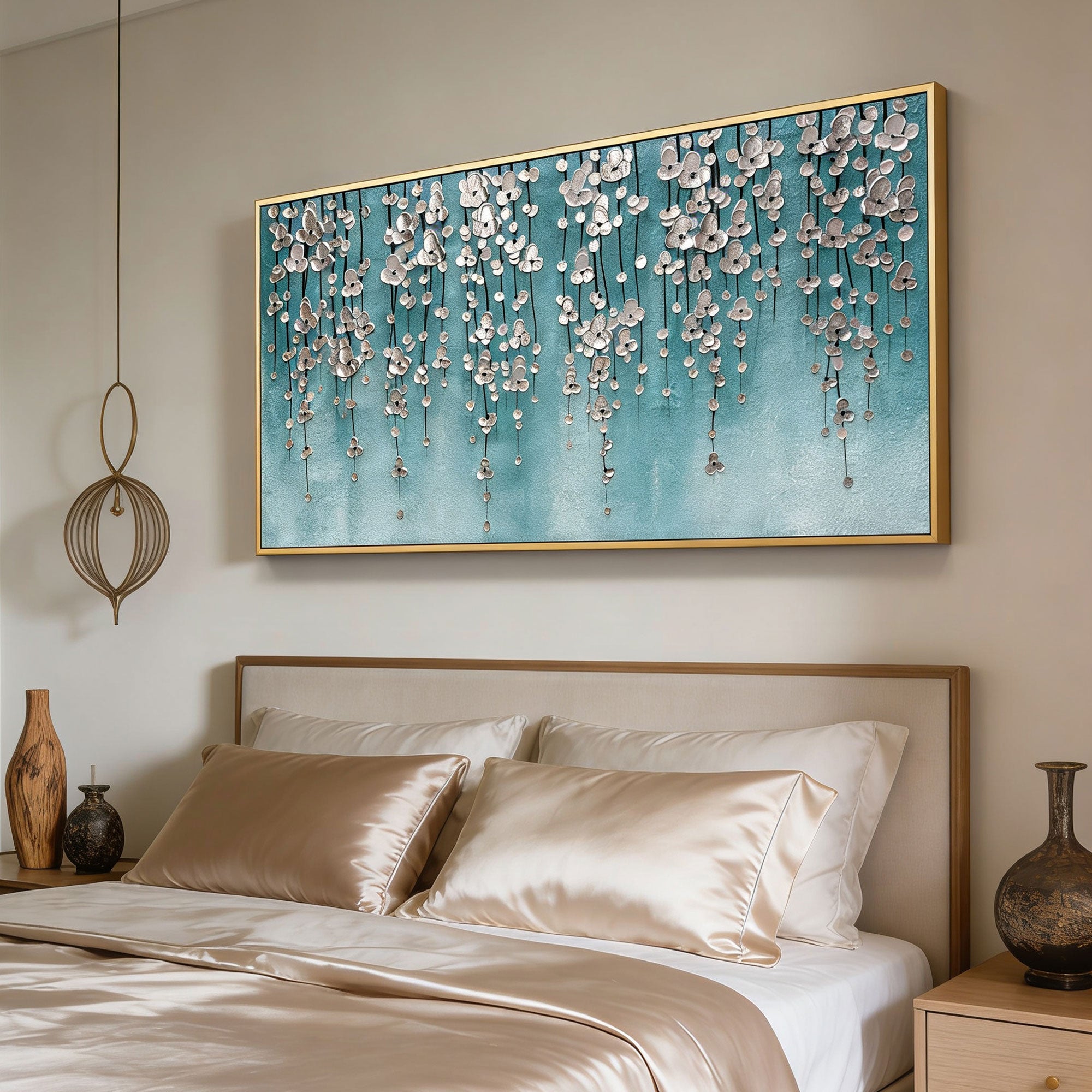 3D Textured Silver Floral Teal Wall Art - Tidal Bloomfall