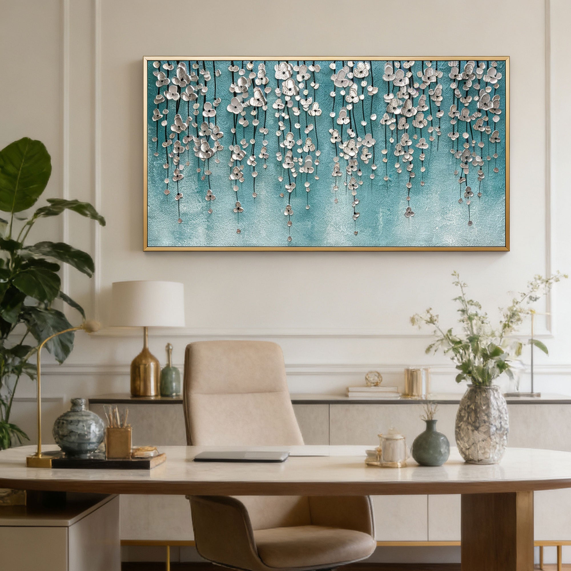 3D Textured Silver Floral Teal Wall Art - Tidal Bloomfall