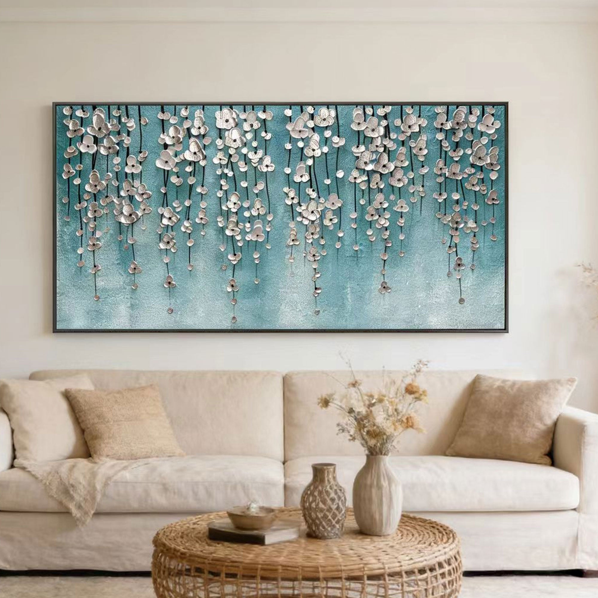 3D Textured Silver Floral Teal Wall Art - Tidal Bloomfall
