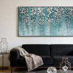3D Textured Silver Floral Teal Wall Art - Tidal Bloomfall