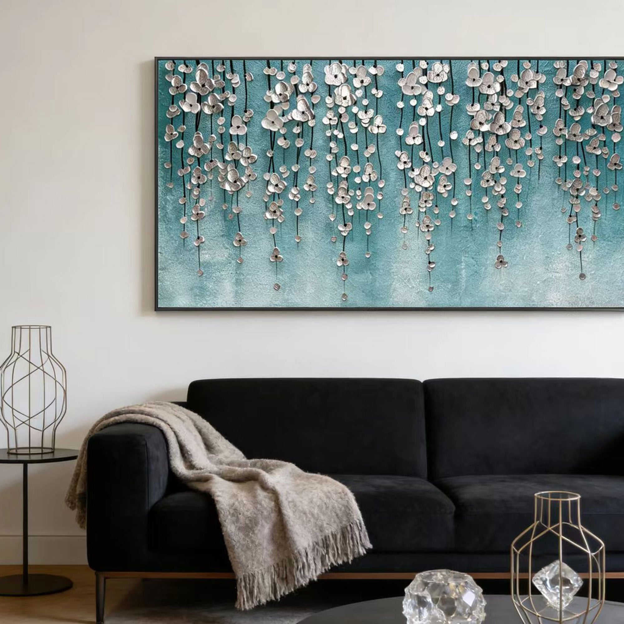 3D Textured Silver Floral Teal Wall Art - Tidal Bloomfall