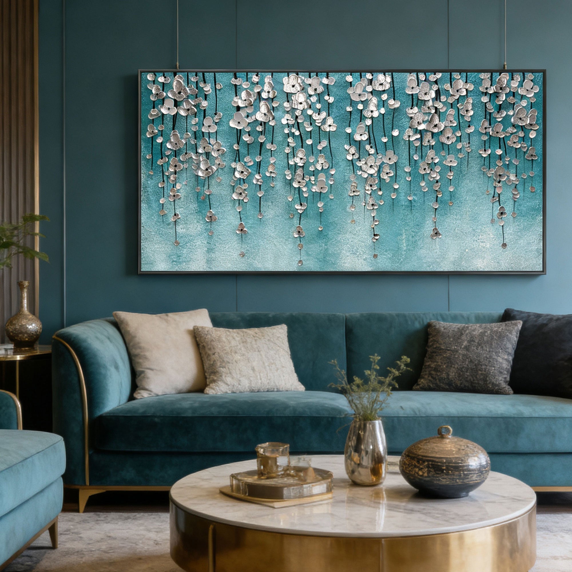 3D Textured Silver Floral Teal Wall Art - Tidal Bloomfall