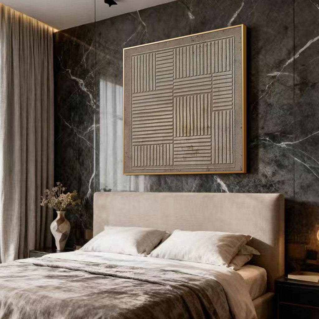 Lumi Gallery's Wabi Sabi geometric canvas art with textured patterns above bed