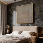 Lumi Gallery's Wabi Sabi geometric canvas art with textured patterns above bed